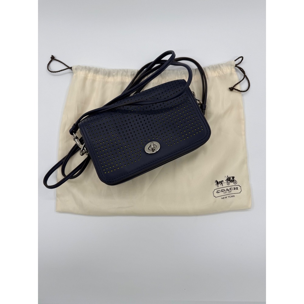 Coach Penny Perforated Leather Crossbody Bag Navy Blue 22387